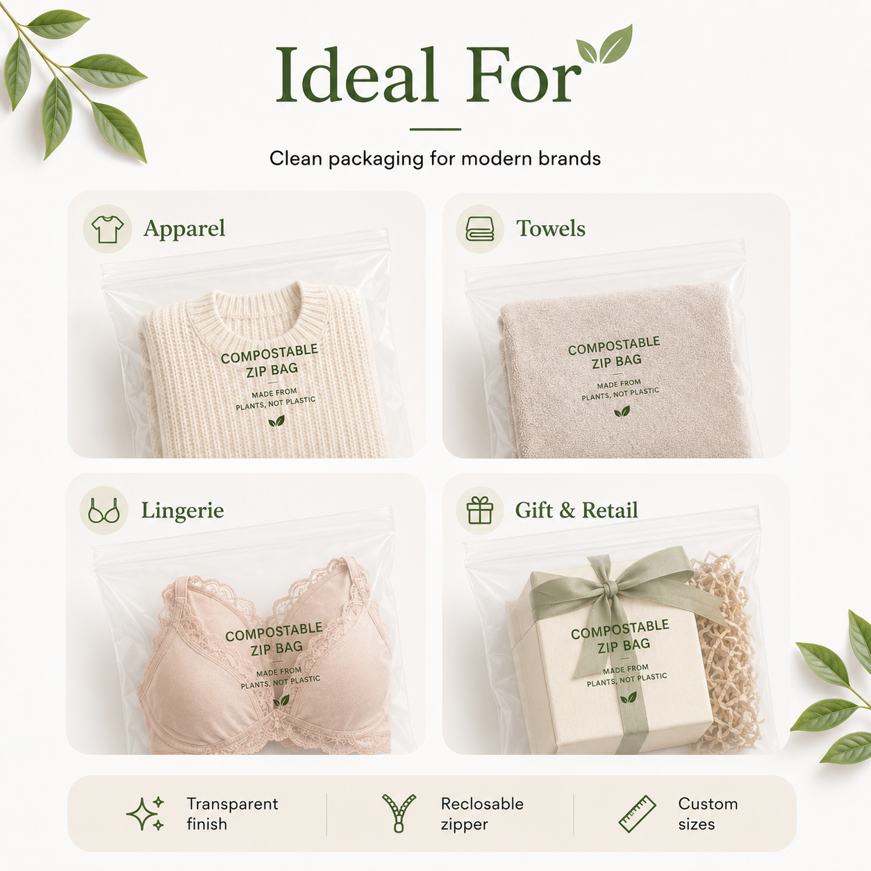 PLA + PBAT Biodegradable Clear Zip Bags