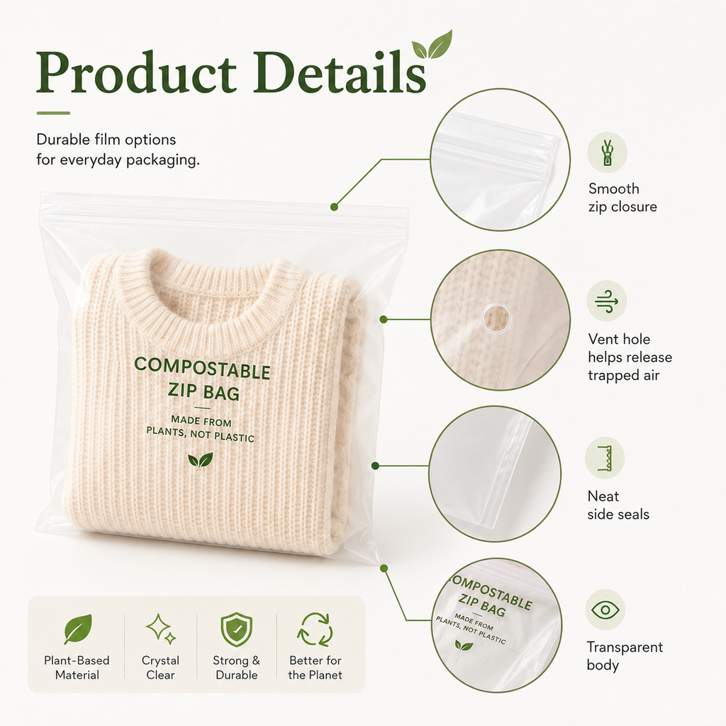 PLA + PBAT Biodegradable Clear Zip Bags