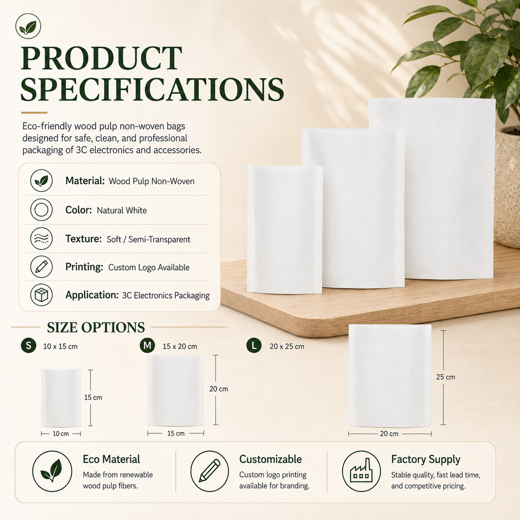 Wood Pulp Non-Woven Packaging Bags | Plastic-Free Eco Bags for Electronics & Accessories