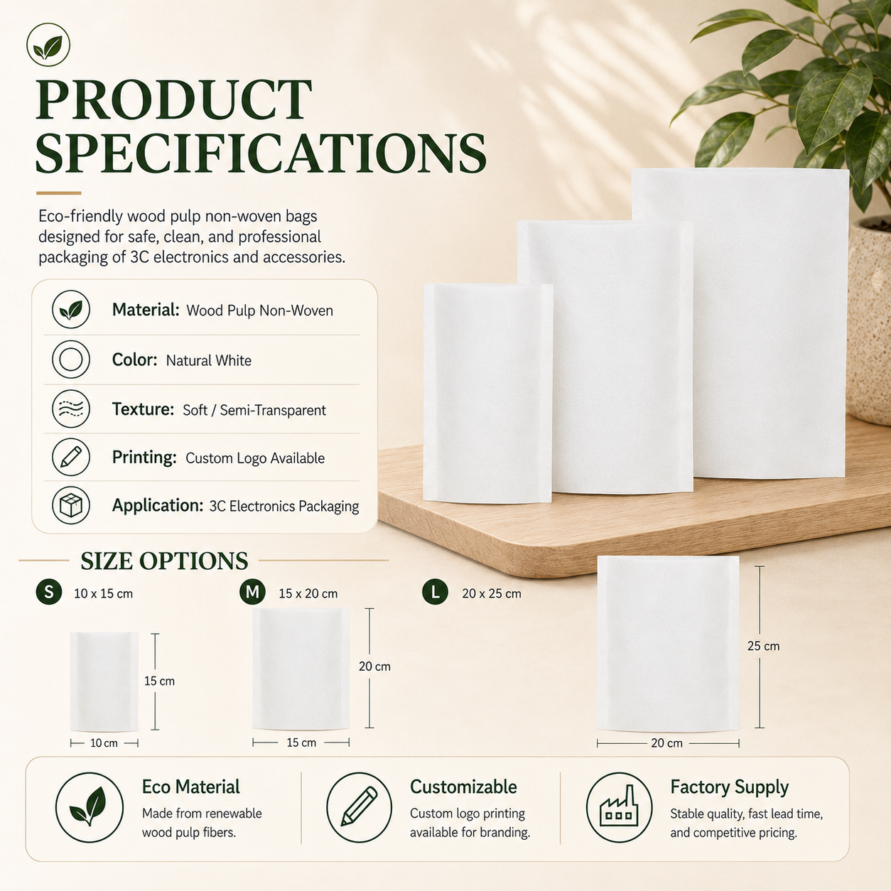 Wood Pulp Non-Woven Packaging Bags | Plastic-Free Eco Bags for Electronics & Accessories