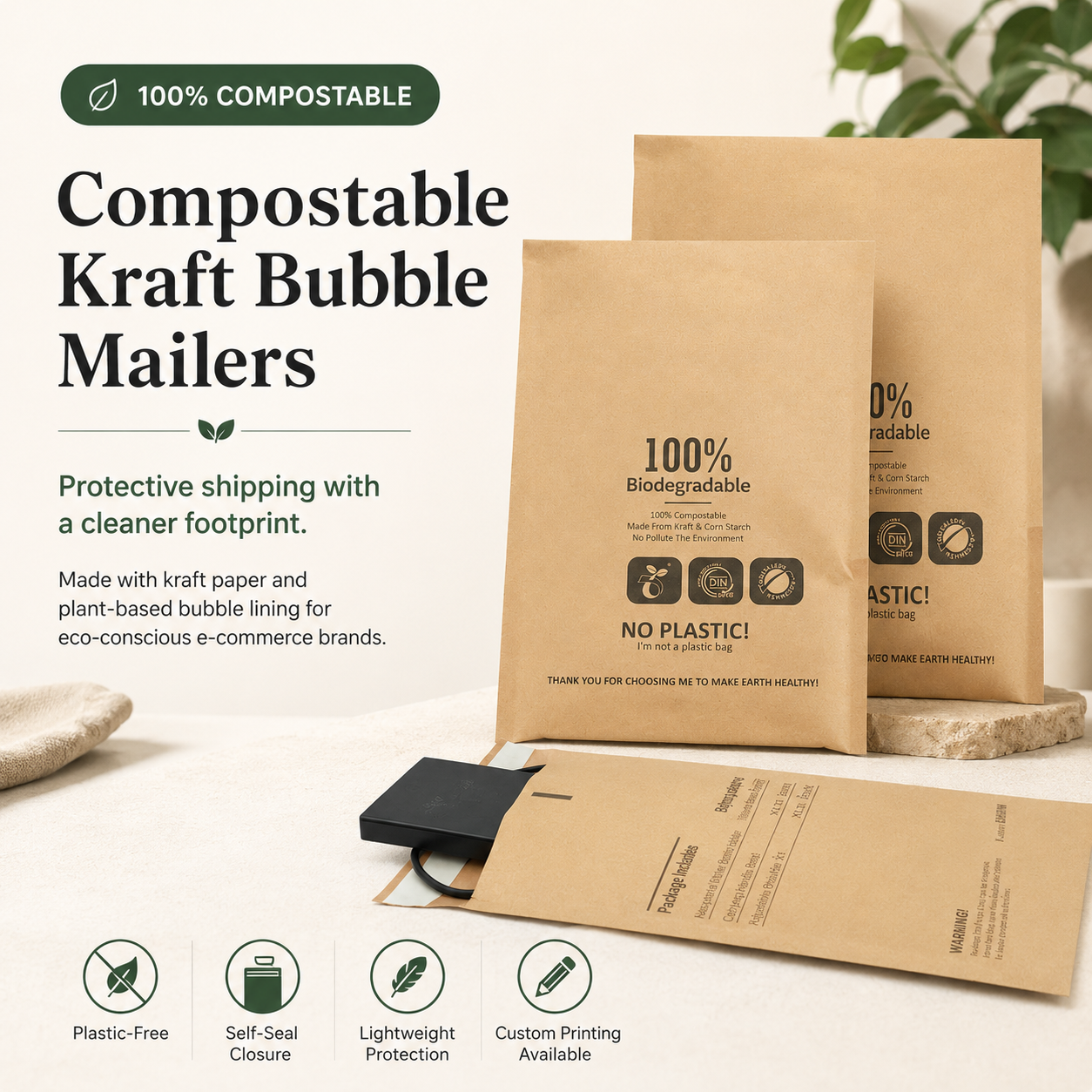 Compostable Kraft Bubble Mailer Bags | Eco-Friendly Shipping Envelopes