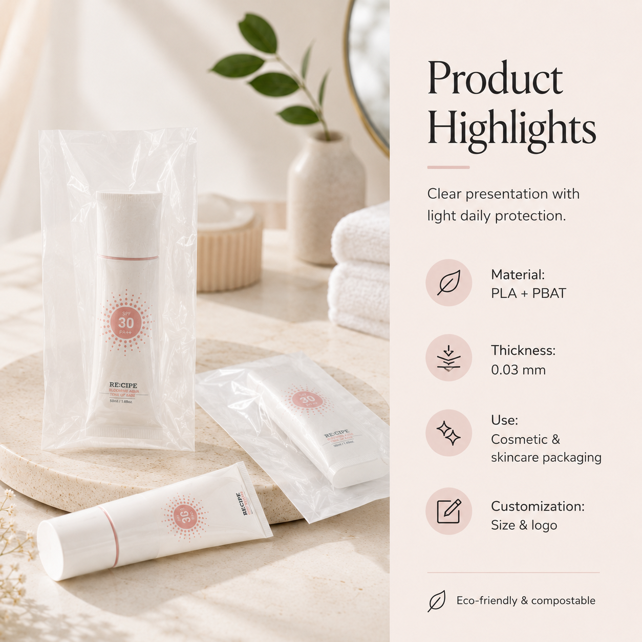 Compostable Clear Beauty Packaging Bags | PLA PBAT Skincare & Cosmetic Bags