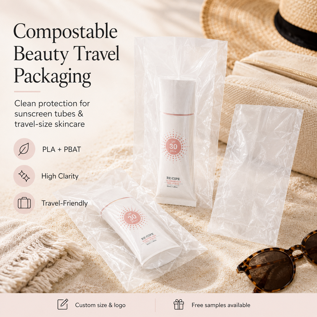 Compostable Clear Beauty Packaging Bags | PLA PBAT Skincare & Cosmetic Bags