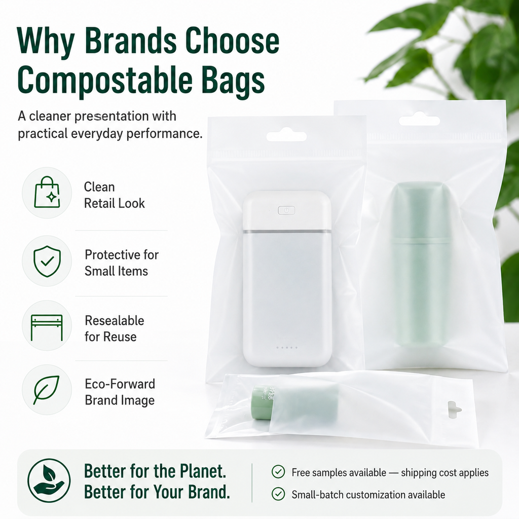 Compostable Frosted Packaging Bags for Electronics & Accessories