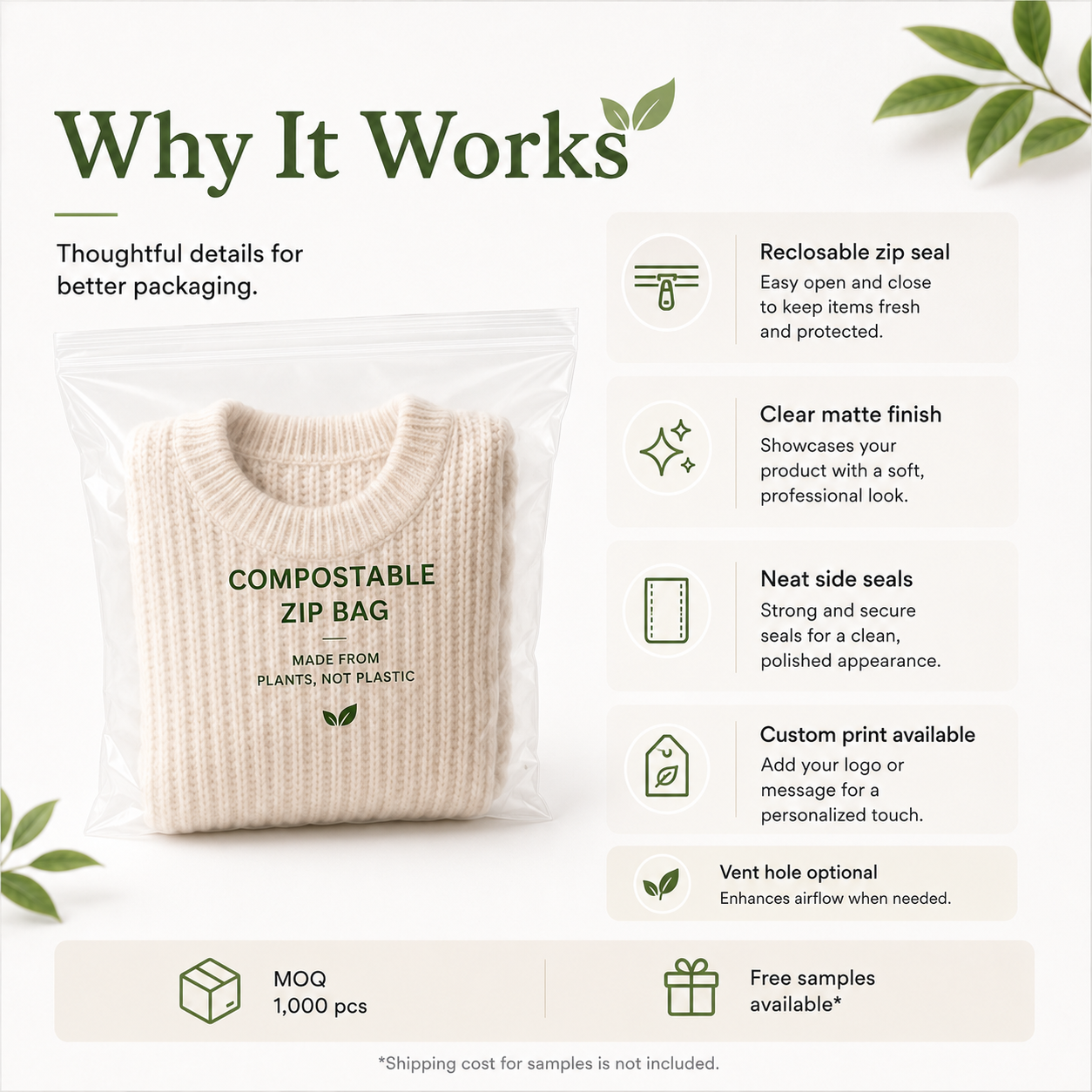 PLA + PBAT Biodegradable Clear Zip Bags