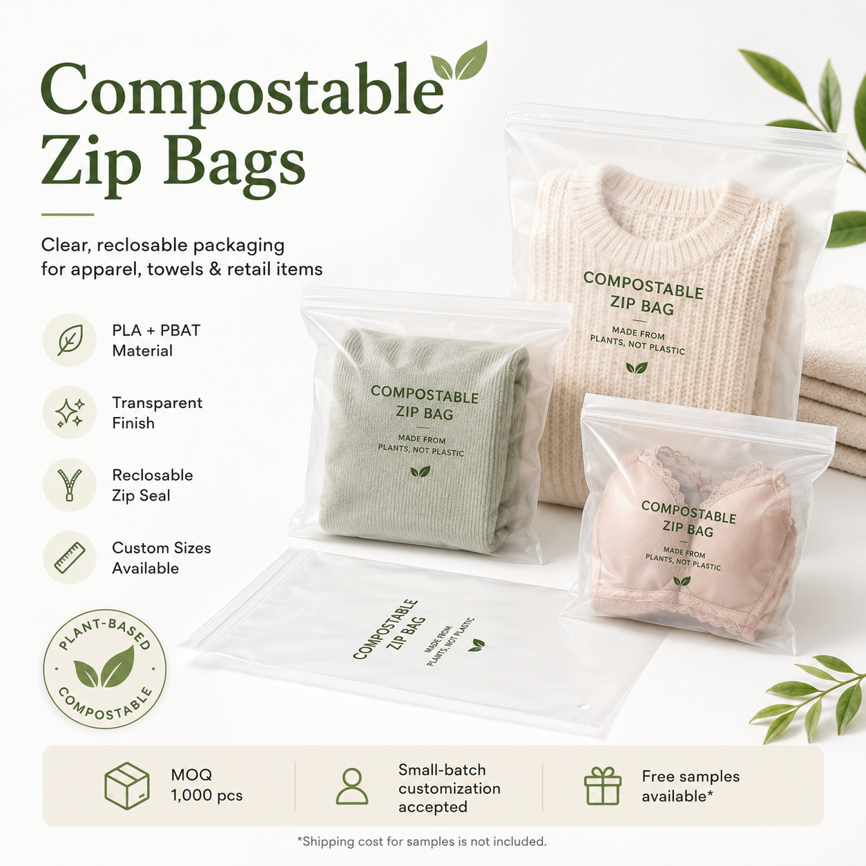 PLA + PBAT Biodegradable Clear Zip Bags
