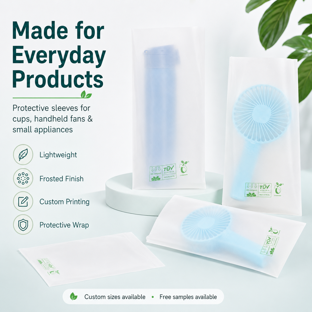 Biodegradable Frosted Sleeve Bags | PLA PBAT Packaging for Cups & Accessories