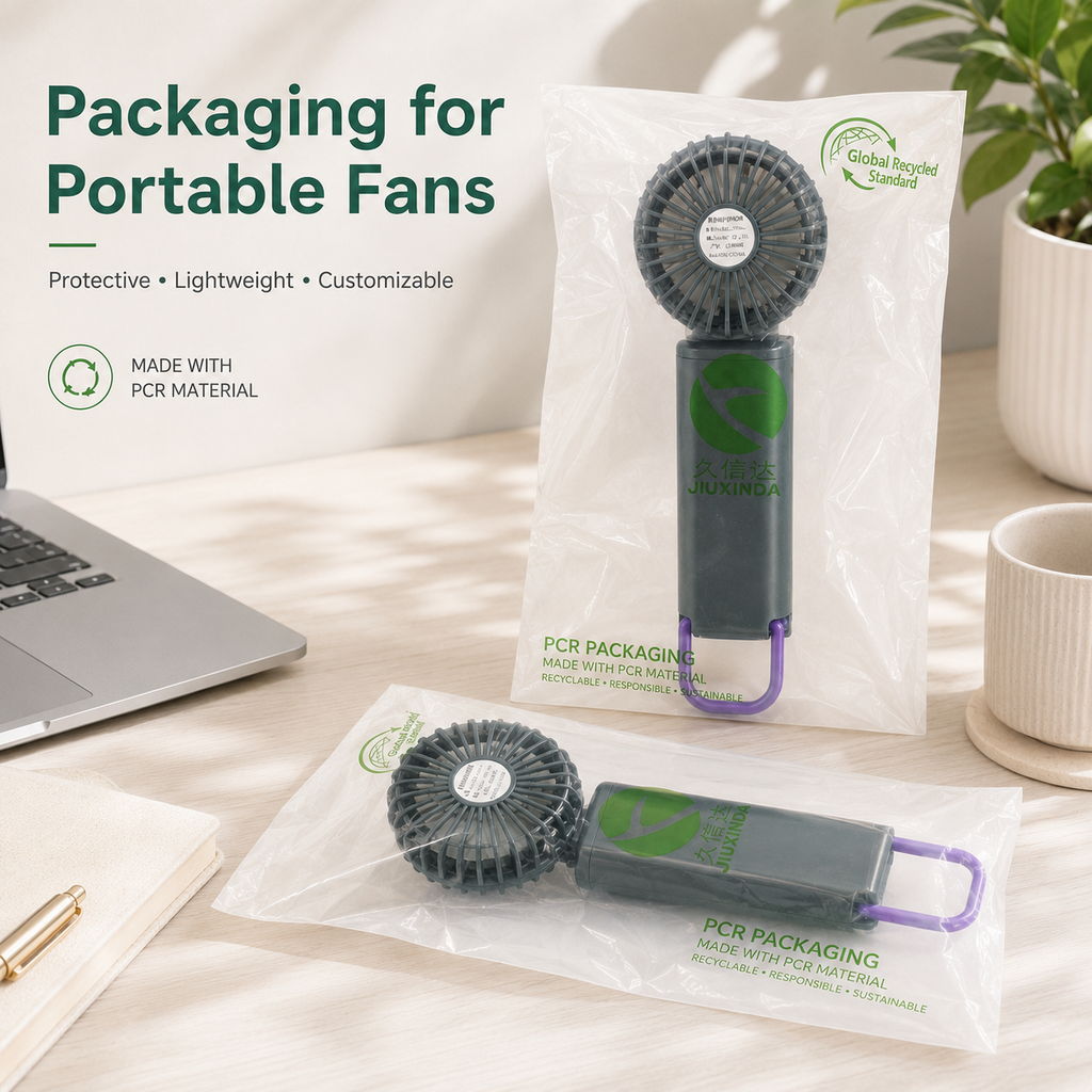 GRS Recycled Clear Packaging Bags for Portable Fans | PCR Plastic Bags Custom Logo