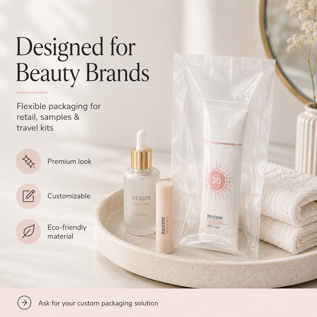 Compostable Clear Beauty Packaging Bags | PLA PBAT Skincare & Cosmetic Bags