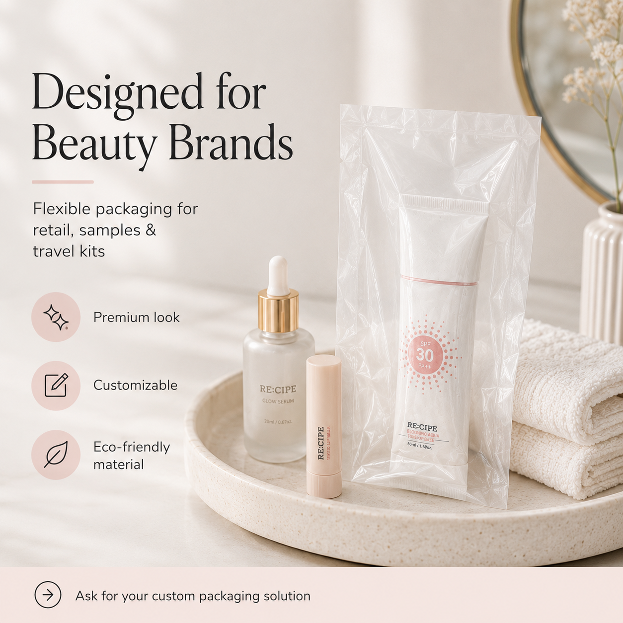 Compostable Clear Beauty Packaging Bags | PLA PBAT Skincare & Cosmetic Bags