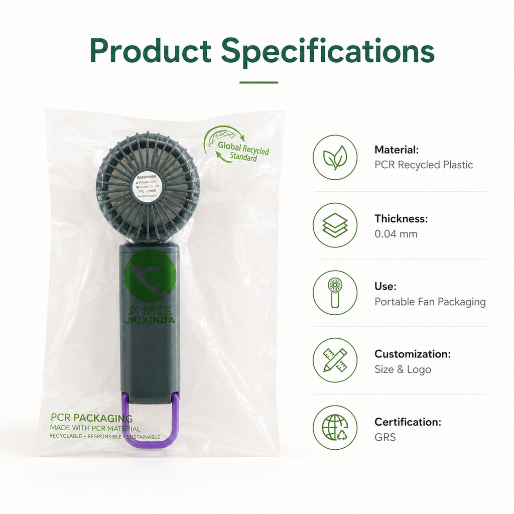 GRS Recycled Clear Packaging Bags for Portable Fans | PCR Plastic Bags Custom Logo