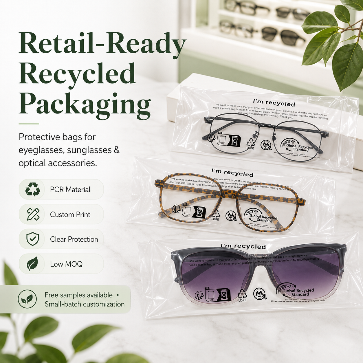 GRS Recycled Clear Eyewear Packaging Bags | PCR Plastic Bags for Glasses & Sunglasses