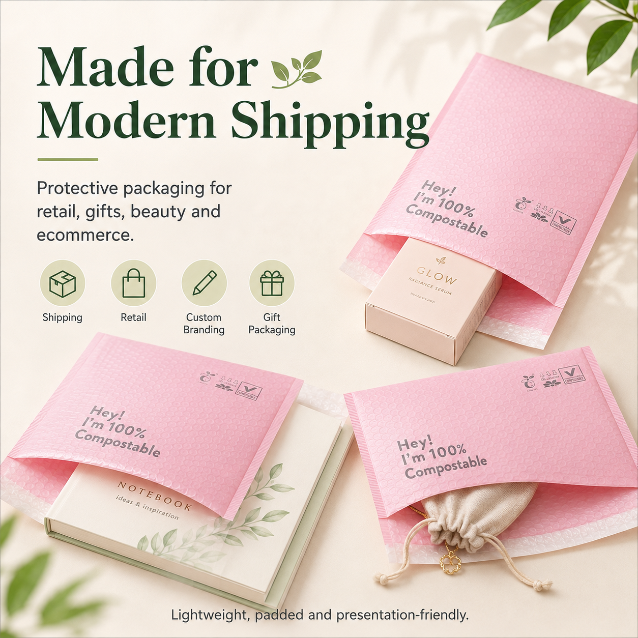 Compostable Bubble Mailers | PLA PBAT Padded Mailer Bags for Ecommerce