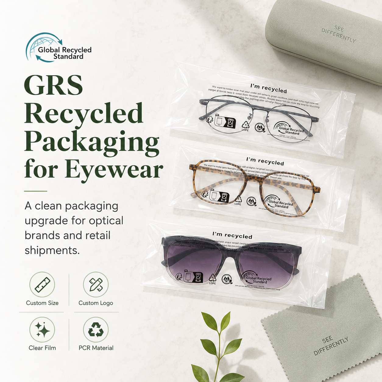 GRS Recycled Clear Eyewear Packaging Bags | PCR Plastic Bags for Glasses & Sunglasses