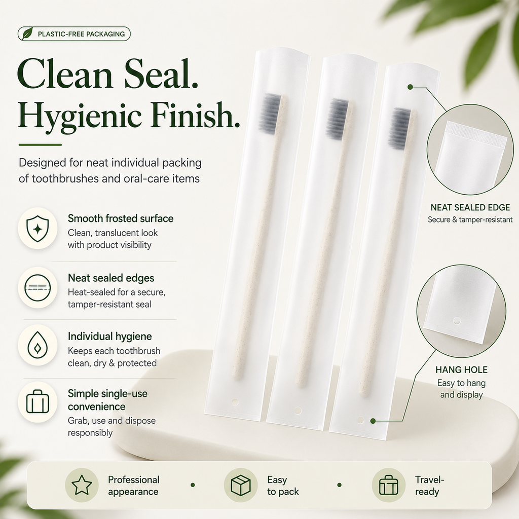 Biodegradable Toothbrush Sleeve Bags | PLA PBAT Frosted Hotel Packaging