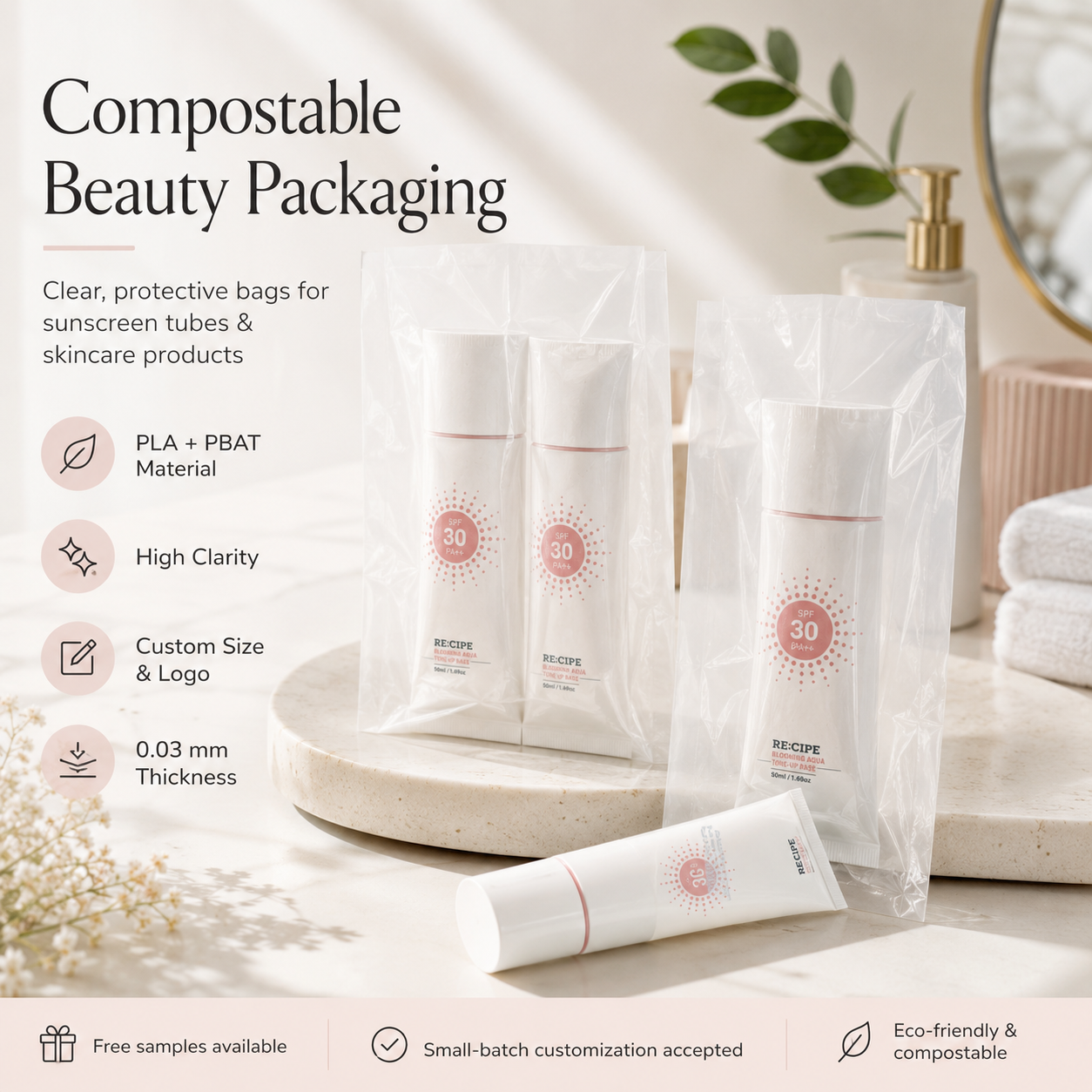 Compostable Clear Beauty Packaging Bags | PLA PBAT Skincare & Cosmetic Bags