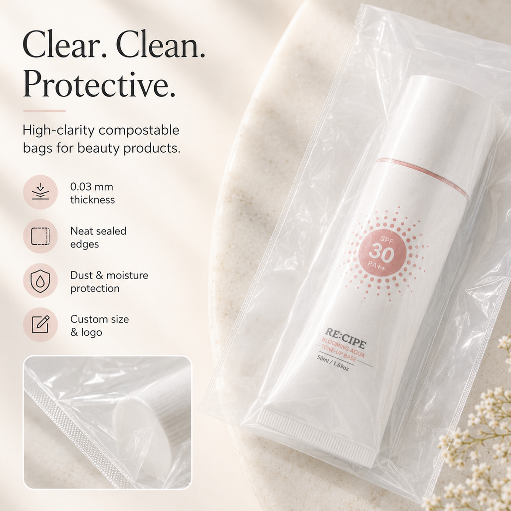Compostable Clear Beauty Packaging Bags | PLA PBAT Skincare & Cosmetic Bags