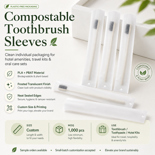 Biodegradable Toothbrush Sleeve Bags | PLA PBAT Frosted Hotel Packaging