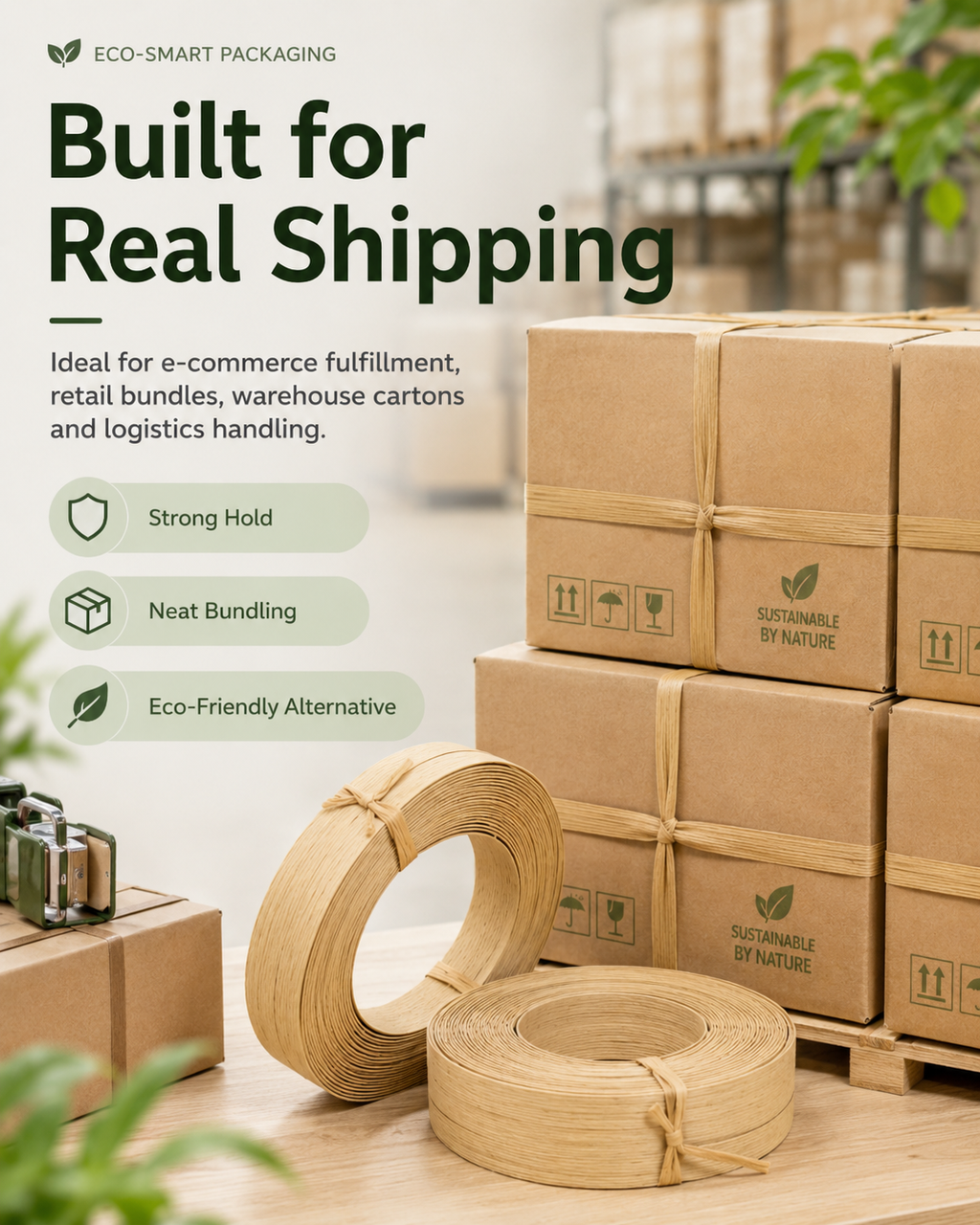 Biodegradable Plant Fiber Packing Straps | Eco Kraft Paper Banding for Shipping & Retail