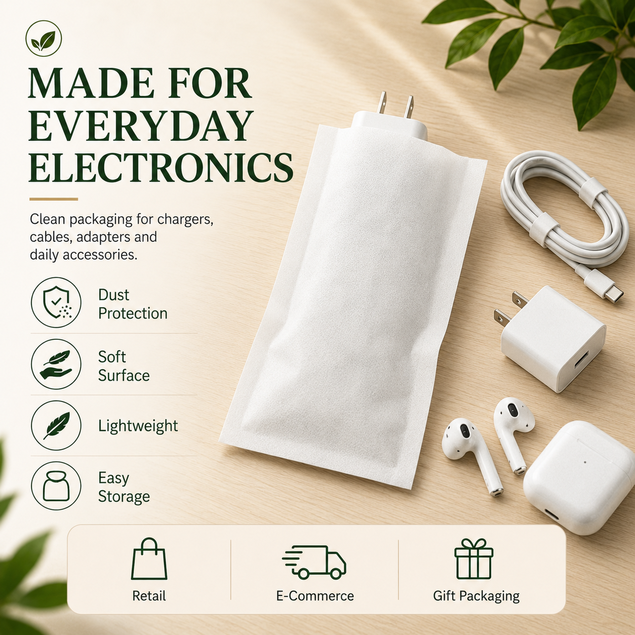 Wood Pulp Non-Woven Packaging Bags | Plastic-Free Eco Bags for Electronics & Accessories