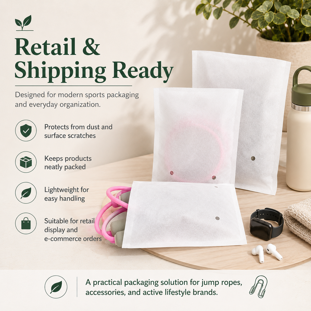 Wood Pulp Non-Woven Packaging Bags for Jump Ropes | Eco Fitness Accessory Packaging