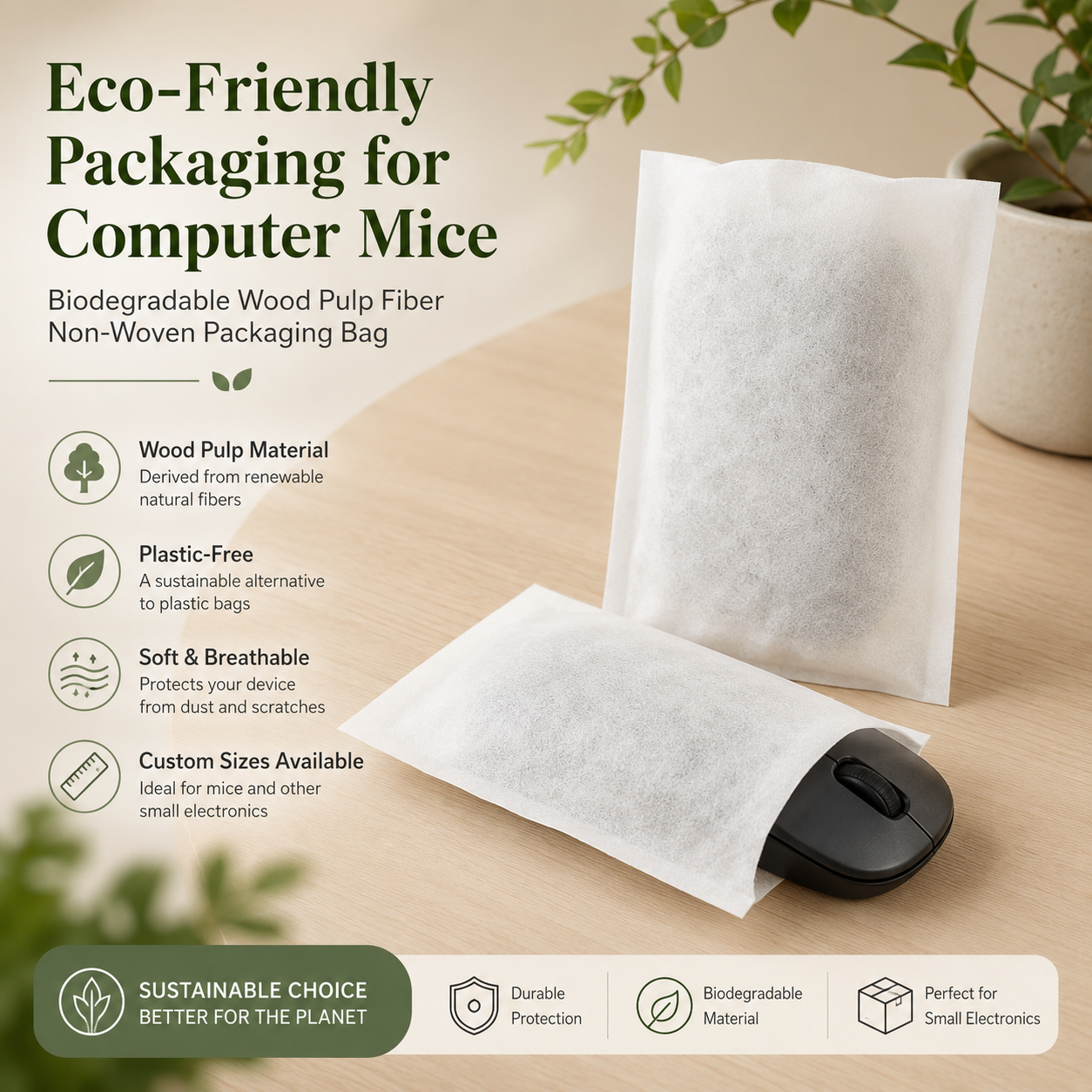 Biodegradable Wood Pulp Fiber Bags | Eco Packaging for Computer Mouse & Electronics