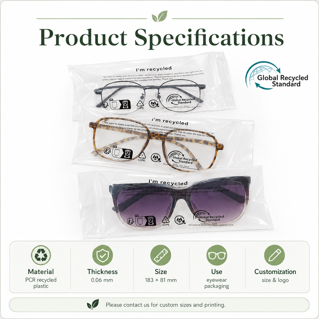 GRS Recycled Clear Eyewear Packaging Bags | PCR Plastic Bags for Glasses & Sunglasses
