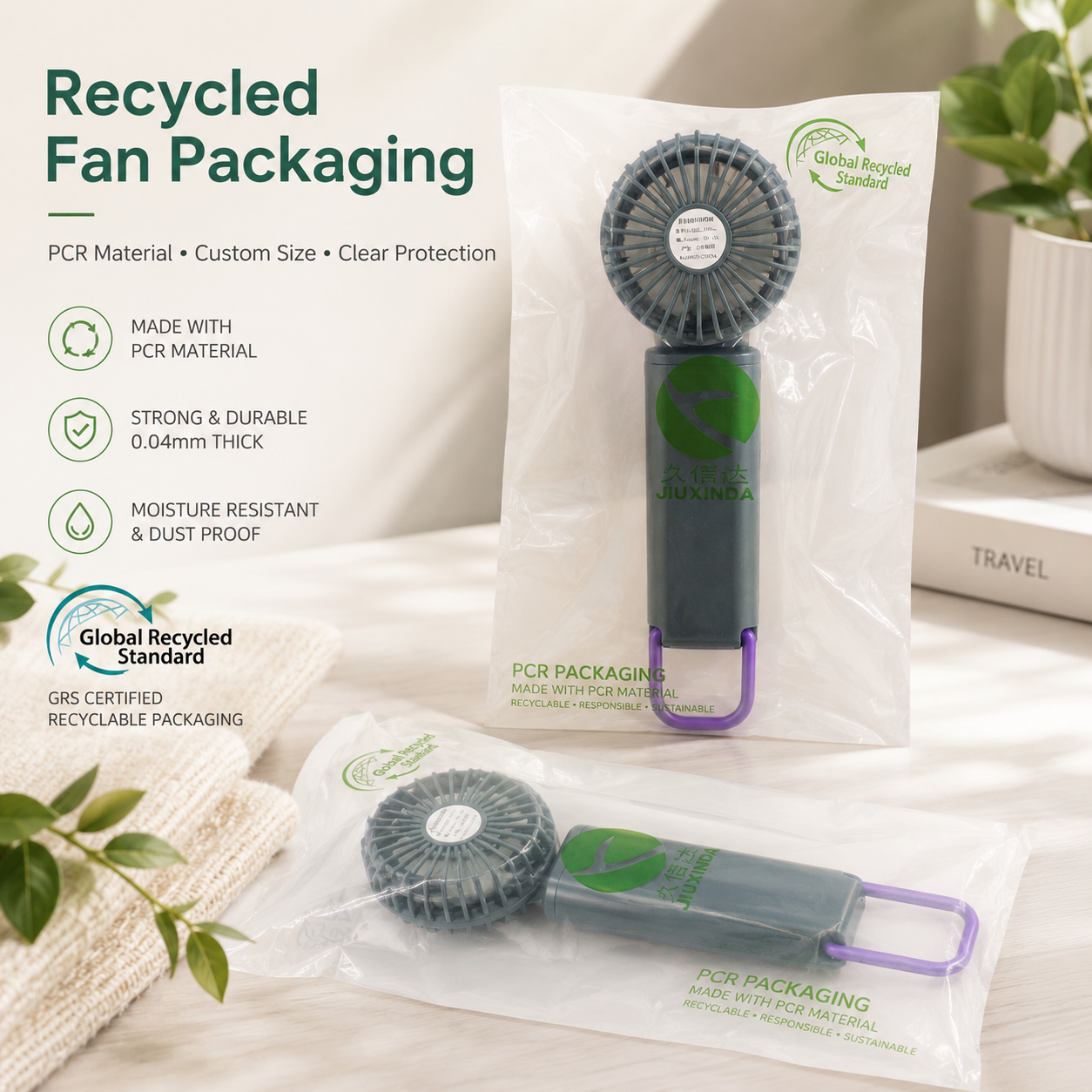 GRS Recycled Clear Packaging Bags for Portable Fans | PCR Plastic Bags Custom Logo