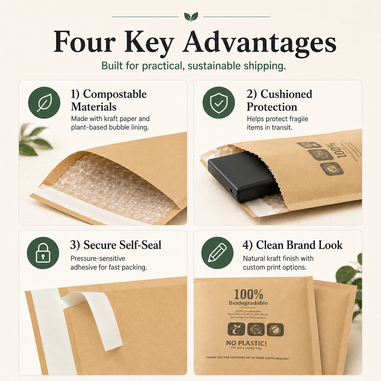 Compostable Kraft Bubble Mailer Bags | Eco-Friendly Shipping Envelopes