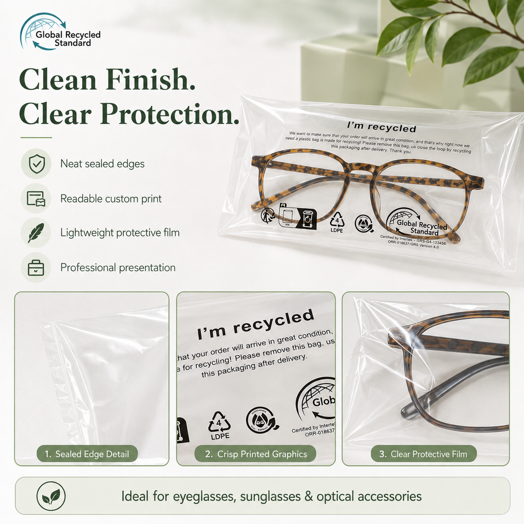 GRS Recycled Clear Eyewear Packaging Bags | PCR Plastic Bags for Glasses & Sunglasses