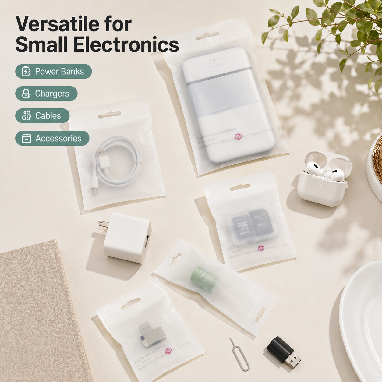 Compostable Frosted Packaging Bags for Electronics & Accessories