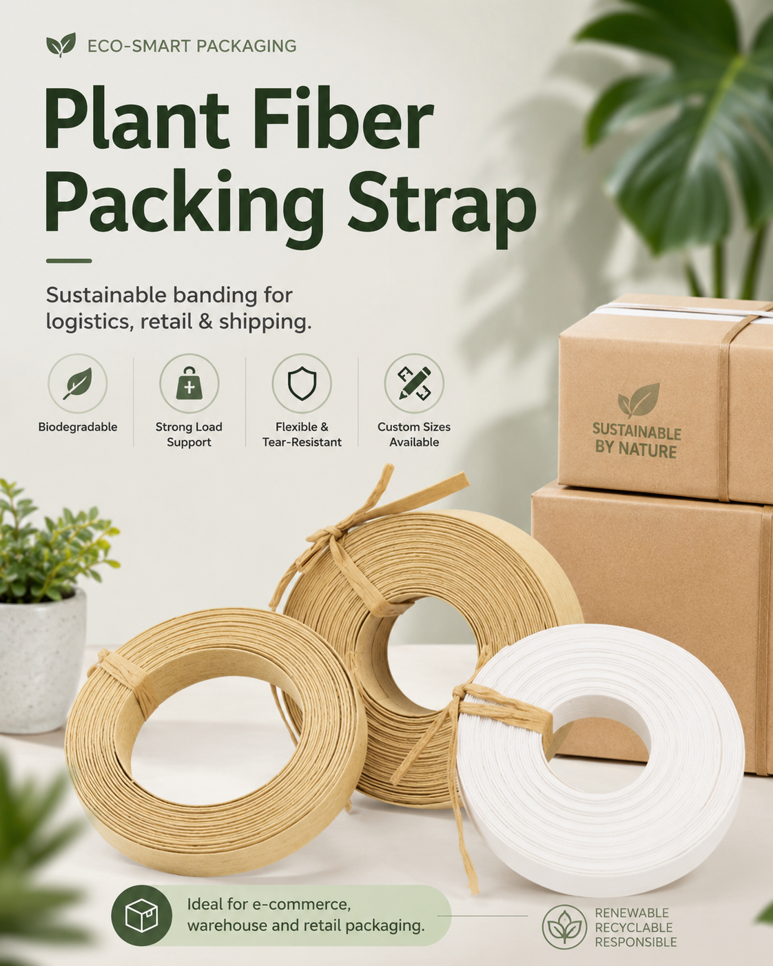 Biodegradable Plant Fiber Packing Straps | Eco Kraft Paper Banding for Shipping & Retail