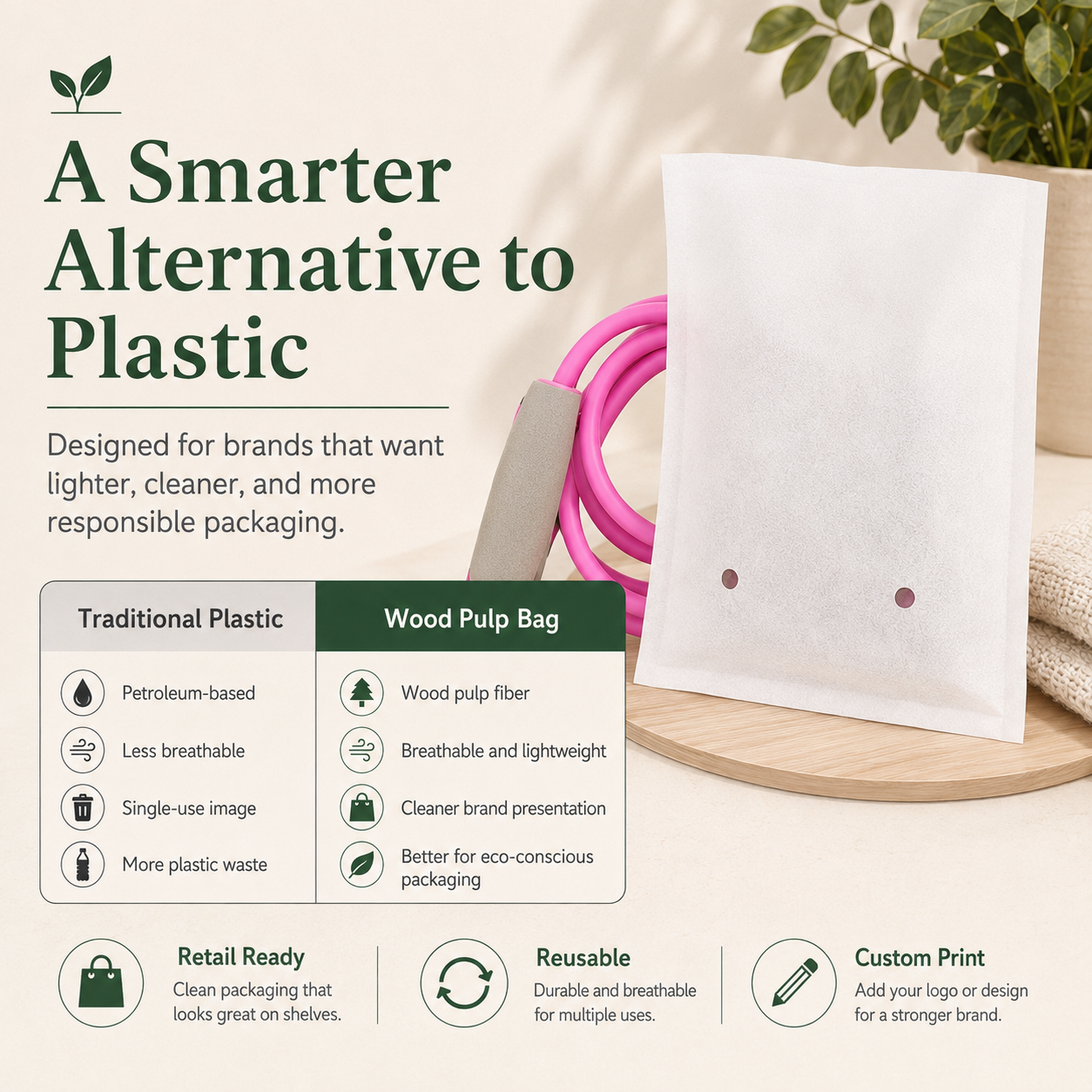 Wood Pulp Non-Woven Packaging Bags for Jump Ropes | Eco Fitness Accessory Packaging