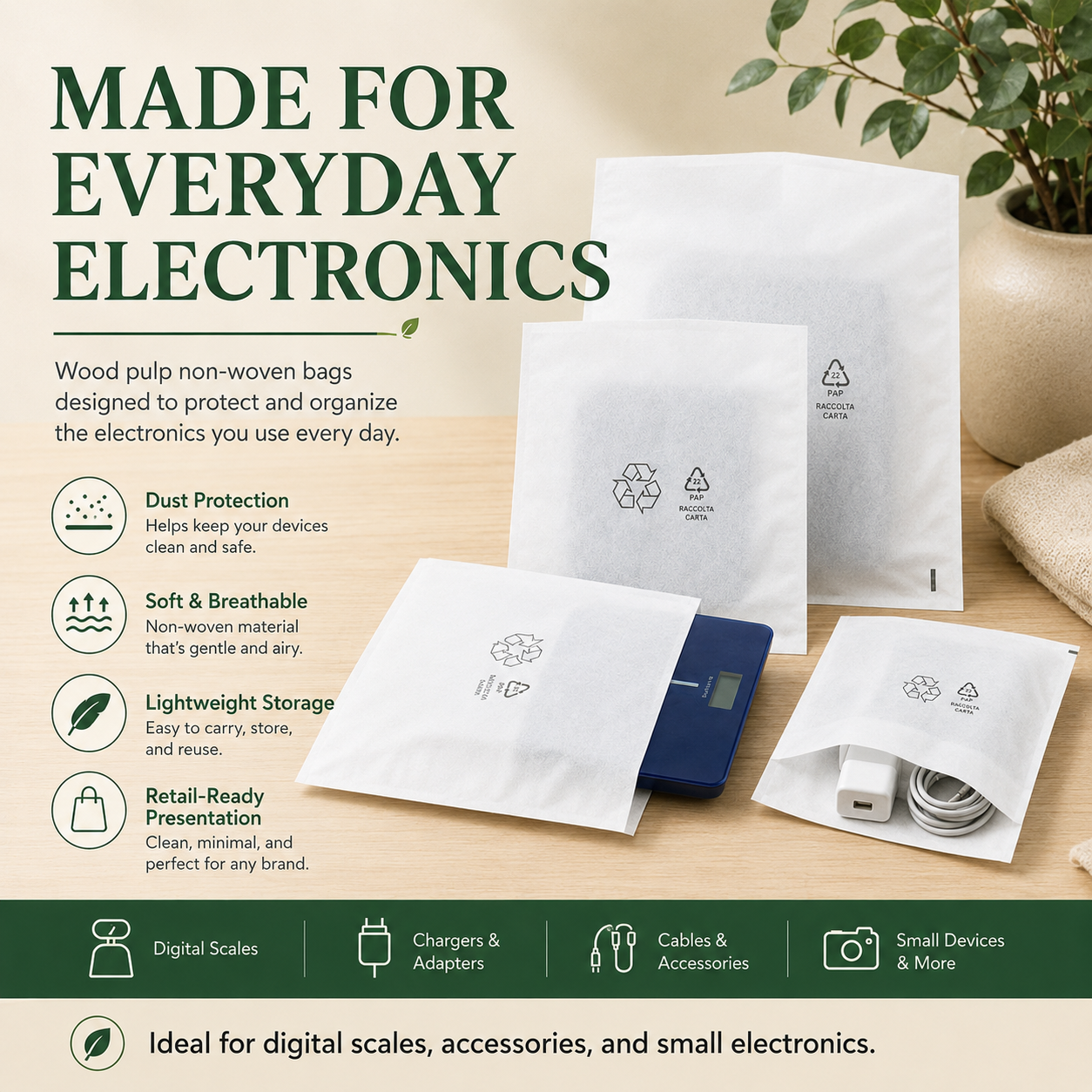 Degradable Wood Pulp Non-Woven Bags | Eco Packaging for Electronics, Chargers & Cables