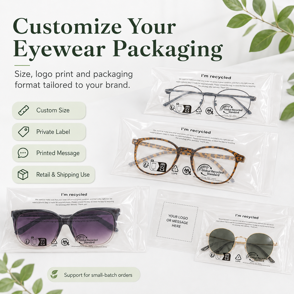 GRS Recycled Clear Eyewear Packaging Bags | PCR Plastic Bags for Glasses & Sunglasses
