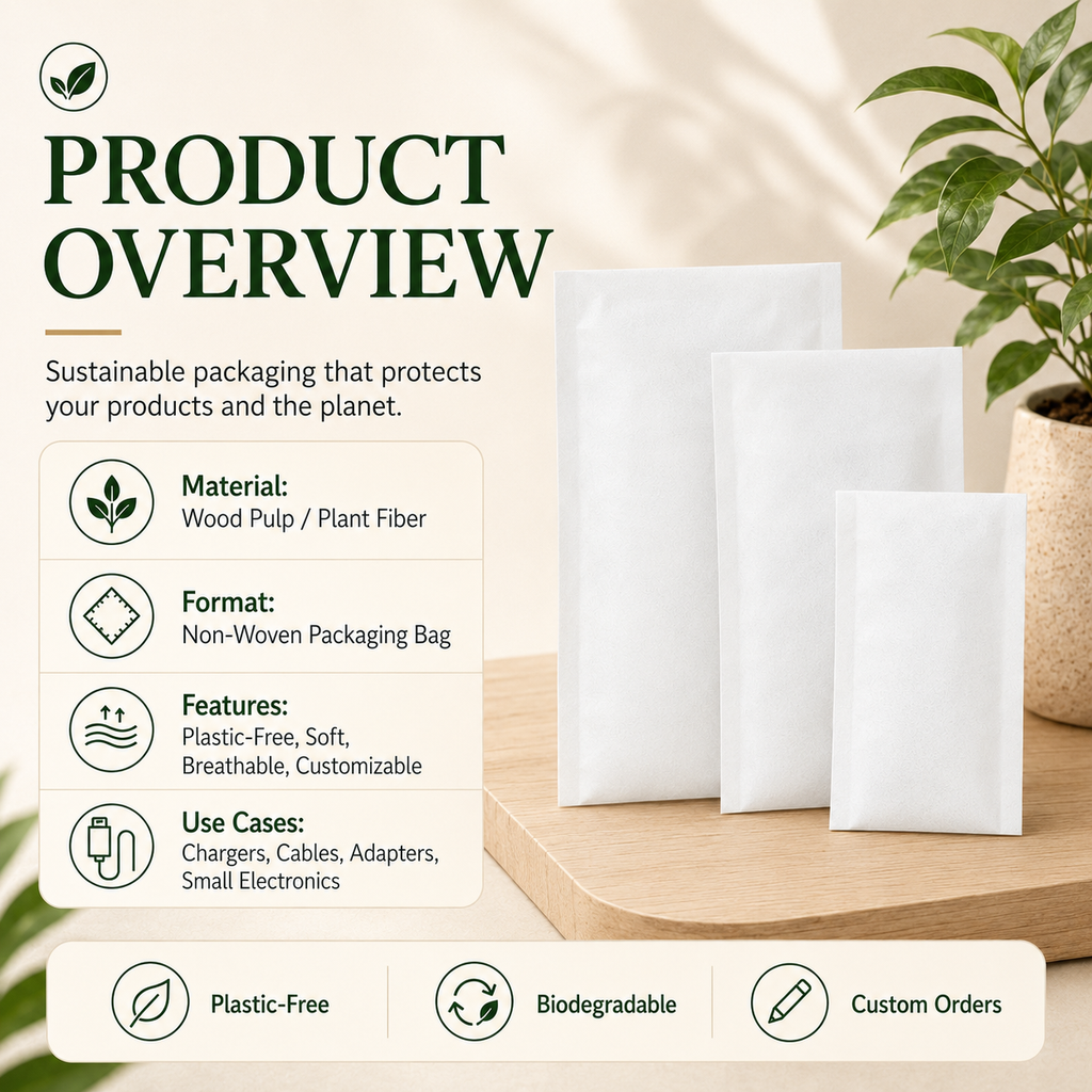 Wood Pulp Non-Woven Packaging Bags | Plastic-Free Eco Bags for Electronics & Accessories