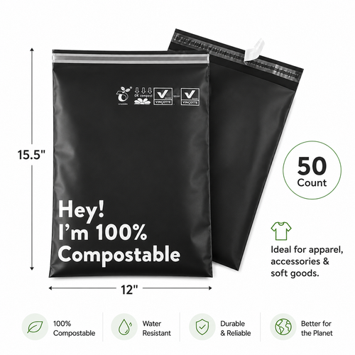 12" x 15.5" Biodegradable Poly Mailers, 50 Count Eco-Friendly Self-Seal Shipping Bags