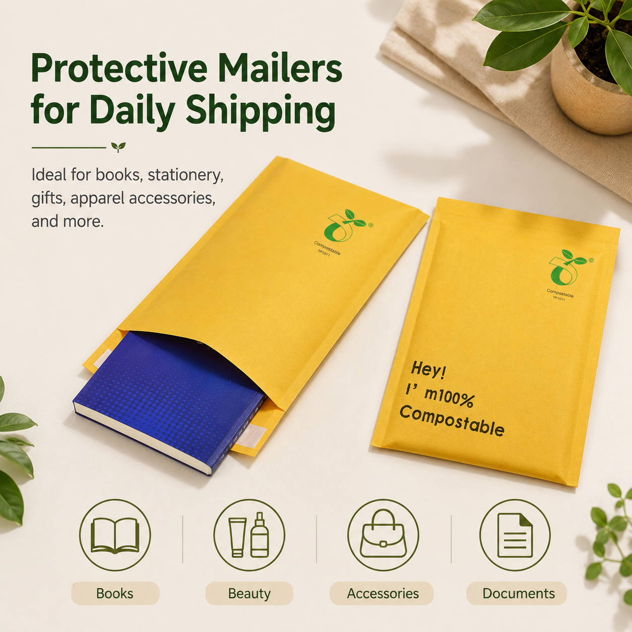 Compostable Yellow Kraft Bubble Mailers