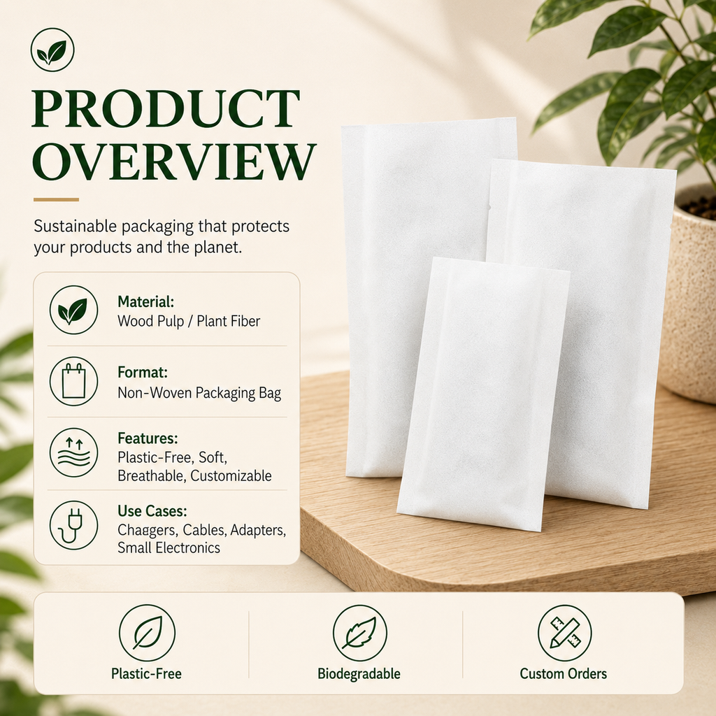 Wood Pulp Non-Woven Packaging Bags | Plastic-Free Eco Bags for Electronics & Accessories
