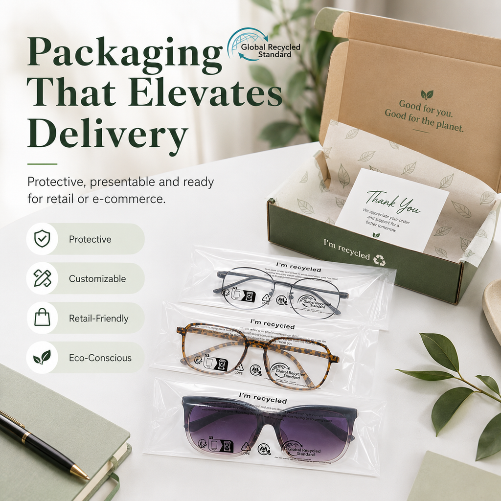 GRS Recycled Clear Eyewear Packaging Bags | PCR Plastic Bags for Glasses & Sunglasses