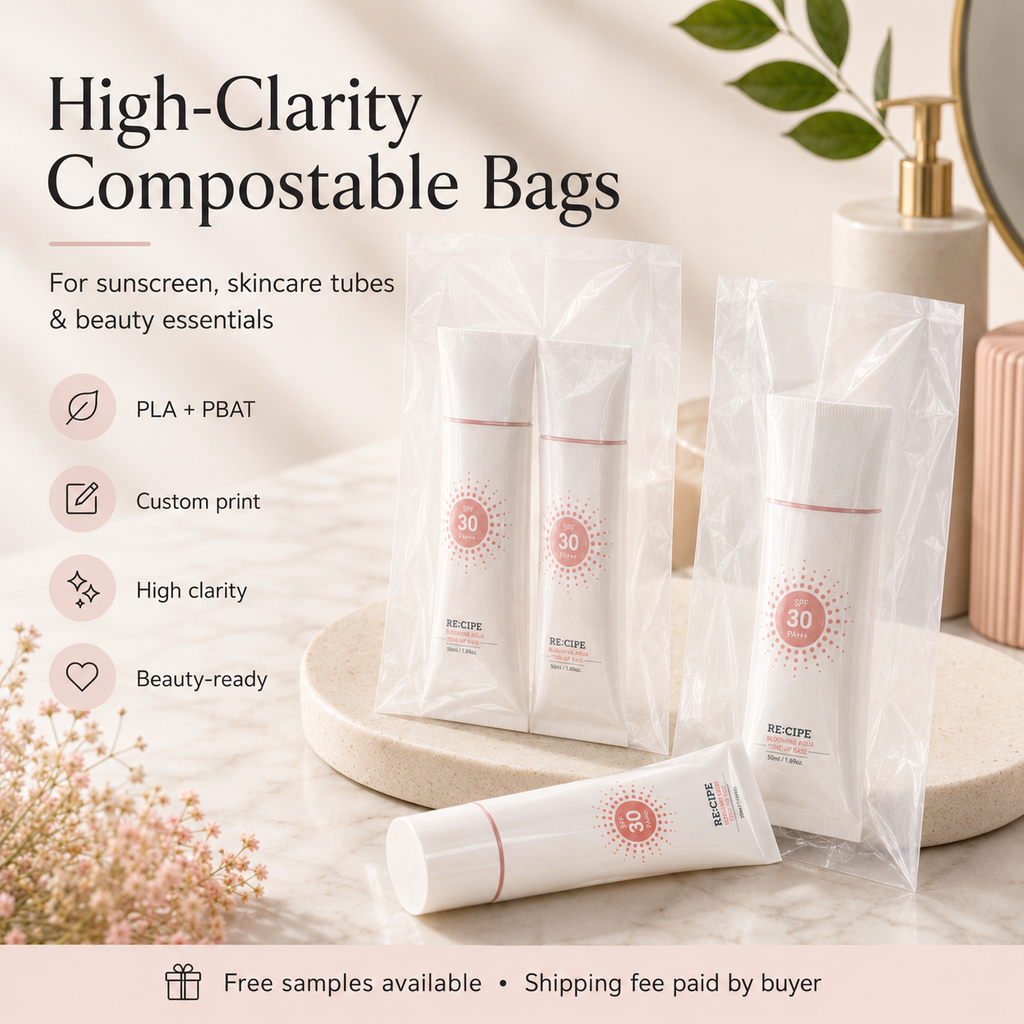 Compostable Clear Beauty Packaging Bags | PLA PBAT Skincare & Cosmetic Bags