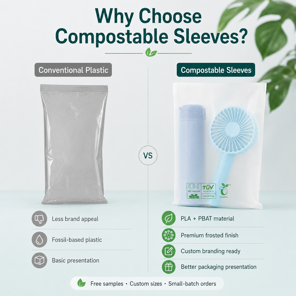 Biodegradable Frosted Sleeve Bags | PLA PBAT Packaging for Cups & Accessories
