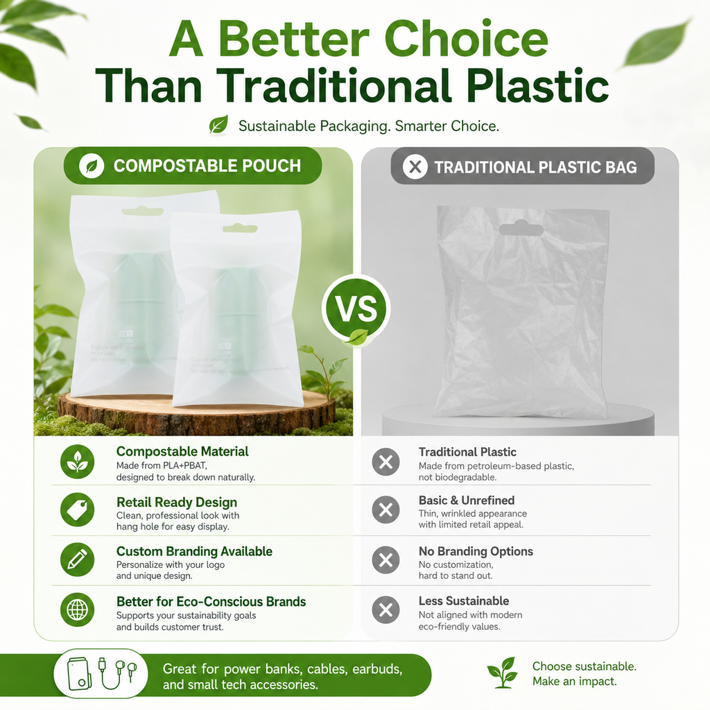 Compostable Frosted Packaging Bags for Electronics & Accessories