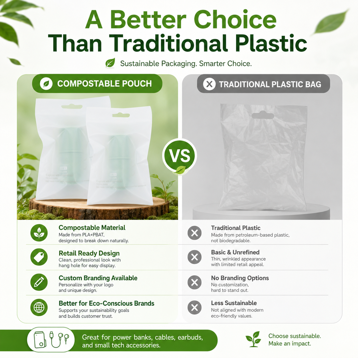 Compostable Frosted Packaging Bags for Electronics & Accessories