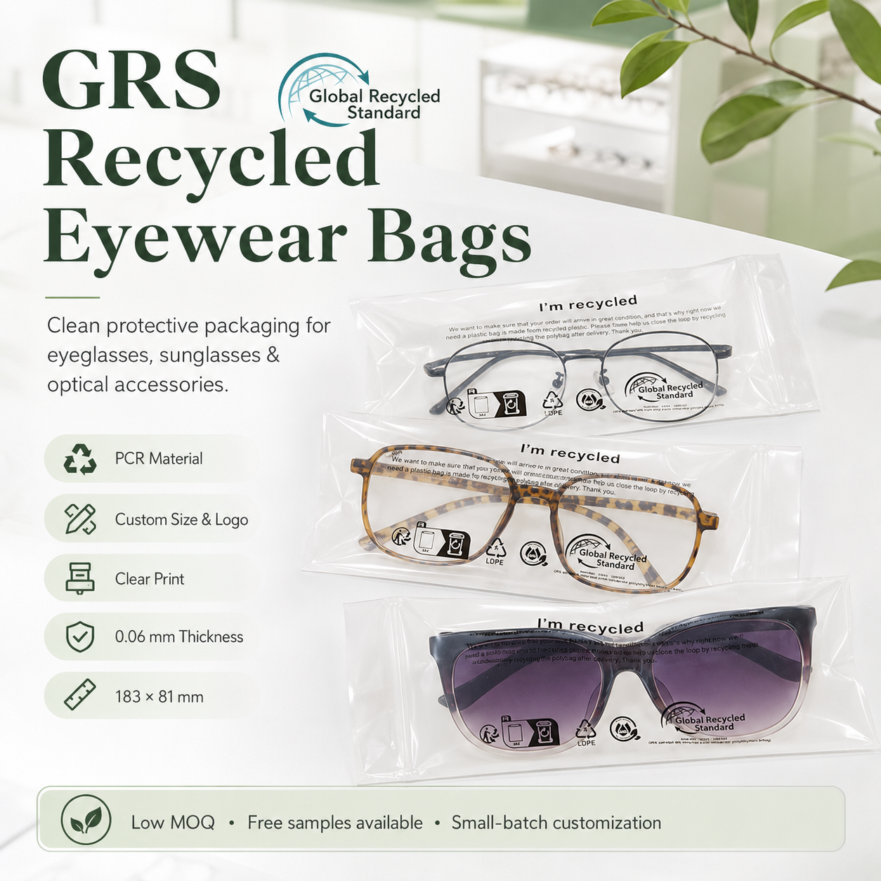 GRS Recycled Clear Eyewear Packaging Bags | PCR Plastic Bags for Glasses & Sunglasses