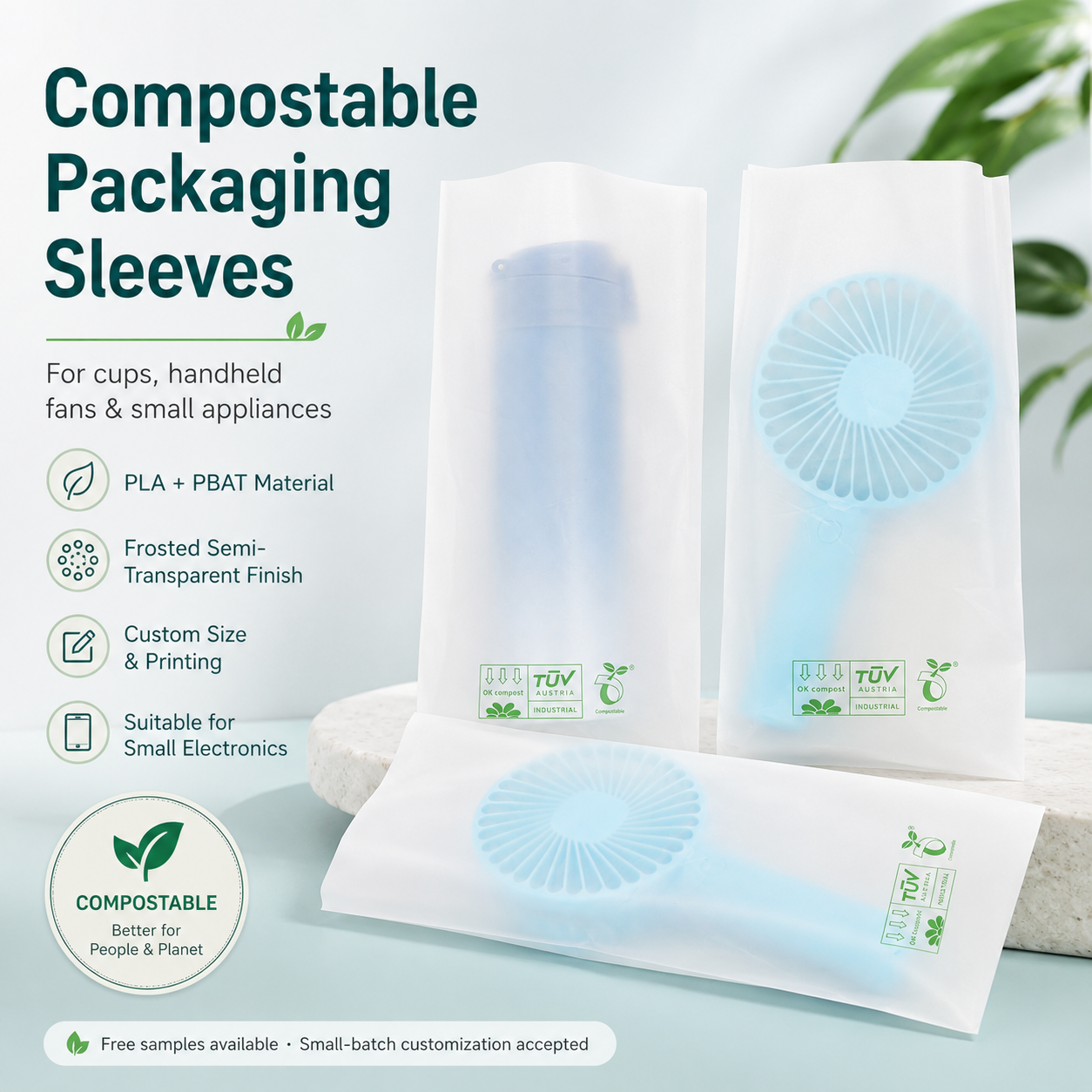 Biodegradable Frosted Sleeve Bags | PLA PBAT Packaging for Cups & Accessories