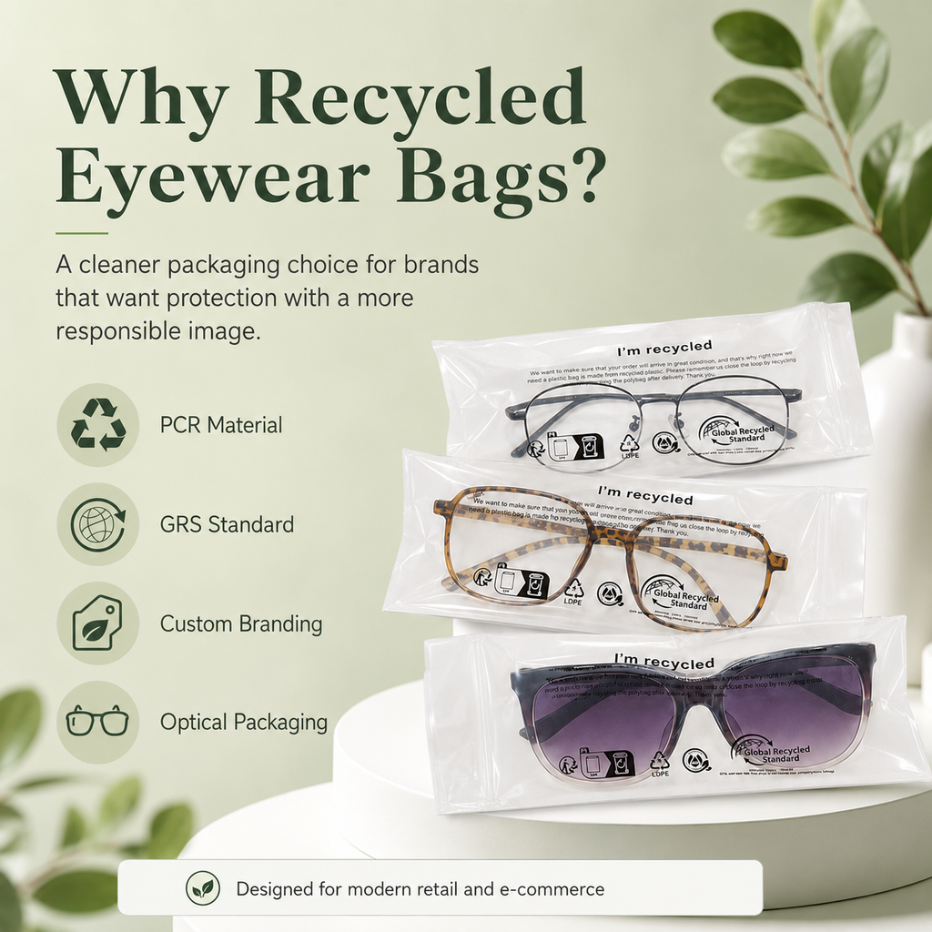 GRS Recycled Clear Eyewear Packaging Bags | PCR Plastic Bags for Glasses & Sunglasses