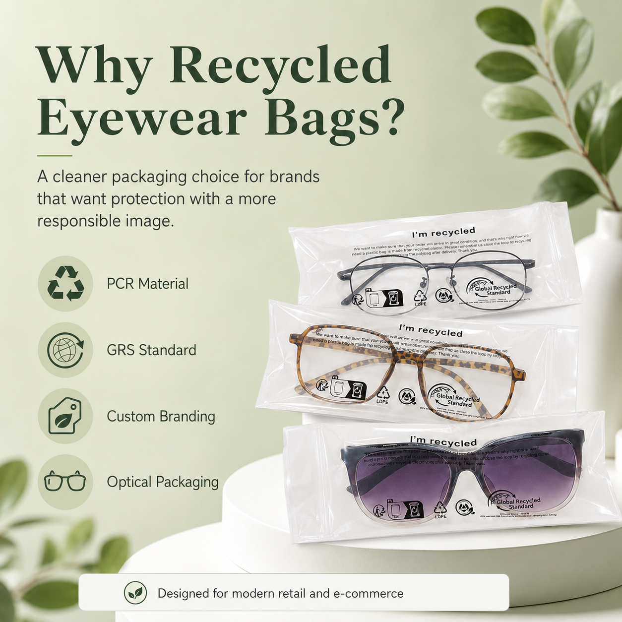 GRS Recycled Clear Eyewear Packaging Bags | PCR Plastic Bags for Glasses & Sunglasses