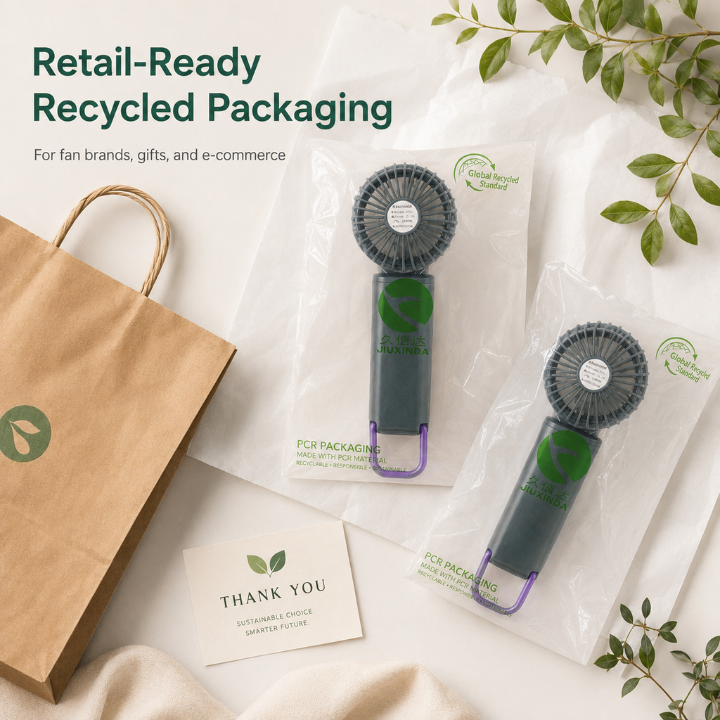 GRS Recycled Clear Packaging Bags for Portable Fans | PCR Plastic Bags Custom Logo