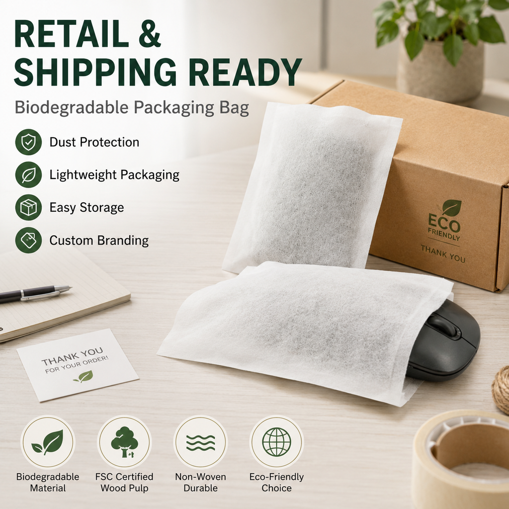 Biodegradable Wood Pulp Fiber Bags | Eco Packaging for Computer Mouse & Electronics